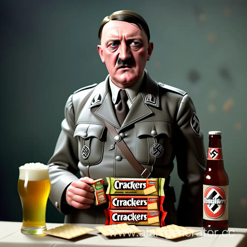 Гитлер стоит с пачкой сухариков,и бутылкой пива