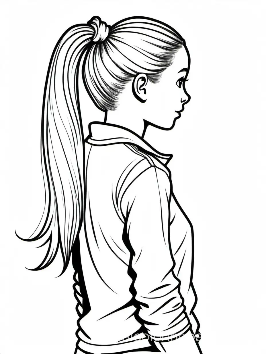 tween GIRL with a HIGH PONYTAIL from behind, Coloring Page, black and white, line art, white background, Simplicity, Ample White Space. The background of the coloring page is plain white to make it easy for young children to color within the lines. The outlines of all the subjects are easy to distinguish, making it simple for kids to color without too much difficulty