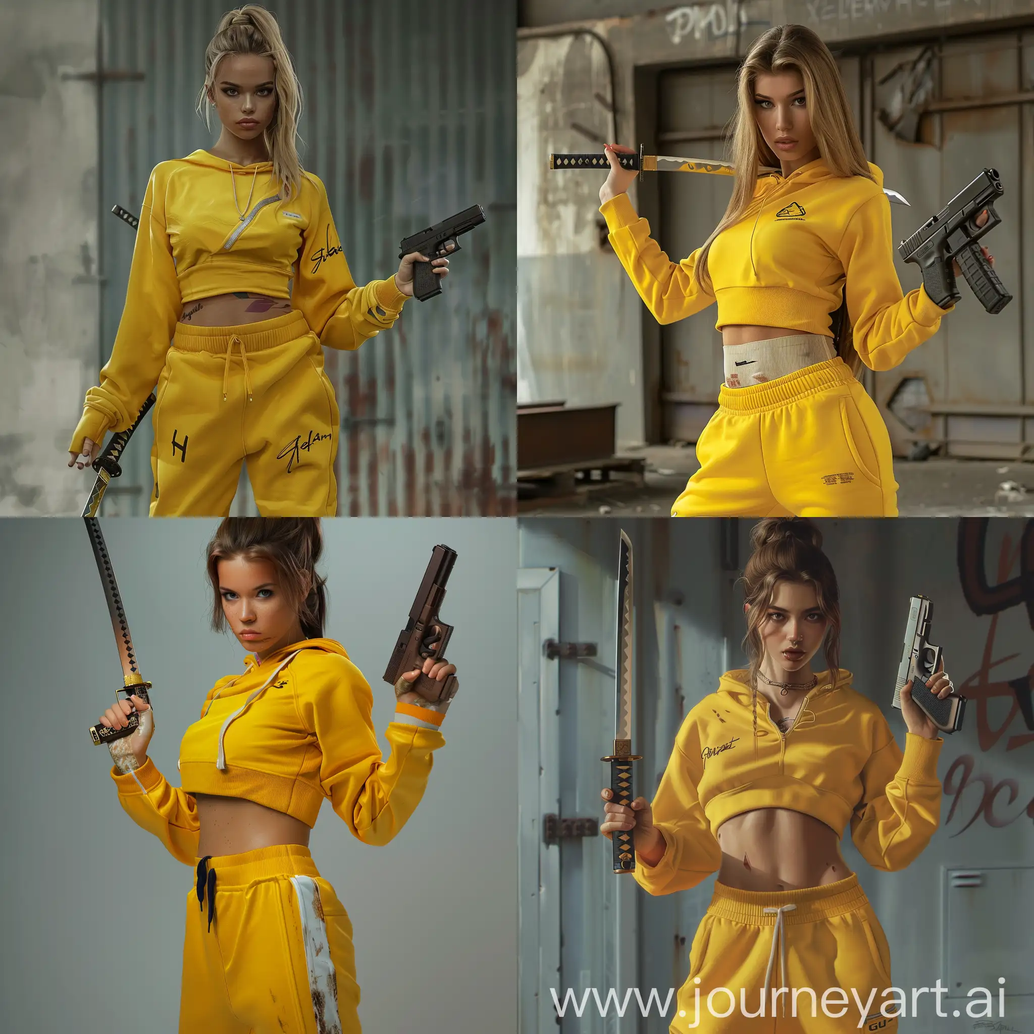 Young beautiful woman wear yellow tracktop and yellow trackpants, holding a katana on her left hand and Glock pistol on her right hand, hyper realism