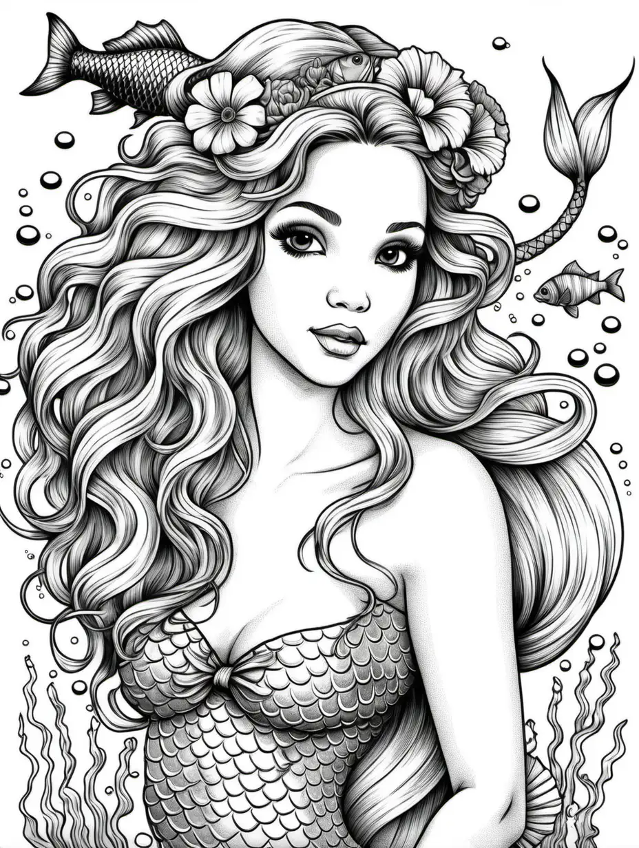 dibujo para colorear con fondo blanco y lineas negras de una sirena  estilo vintage con el pelo largo recogido con una flor nadando con peces