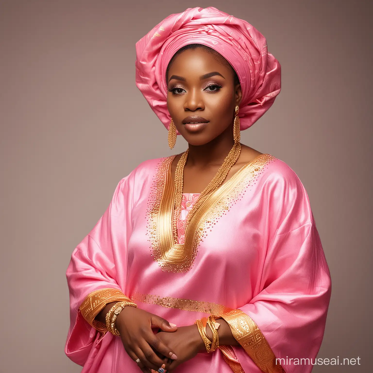 Nigerian vibrant woman in cozy pink native Bluegold attire 