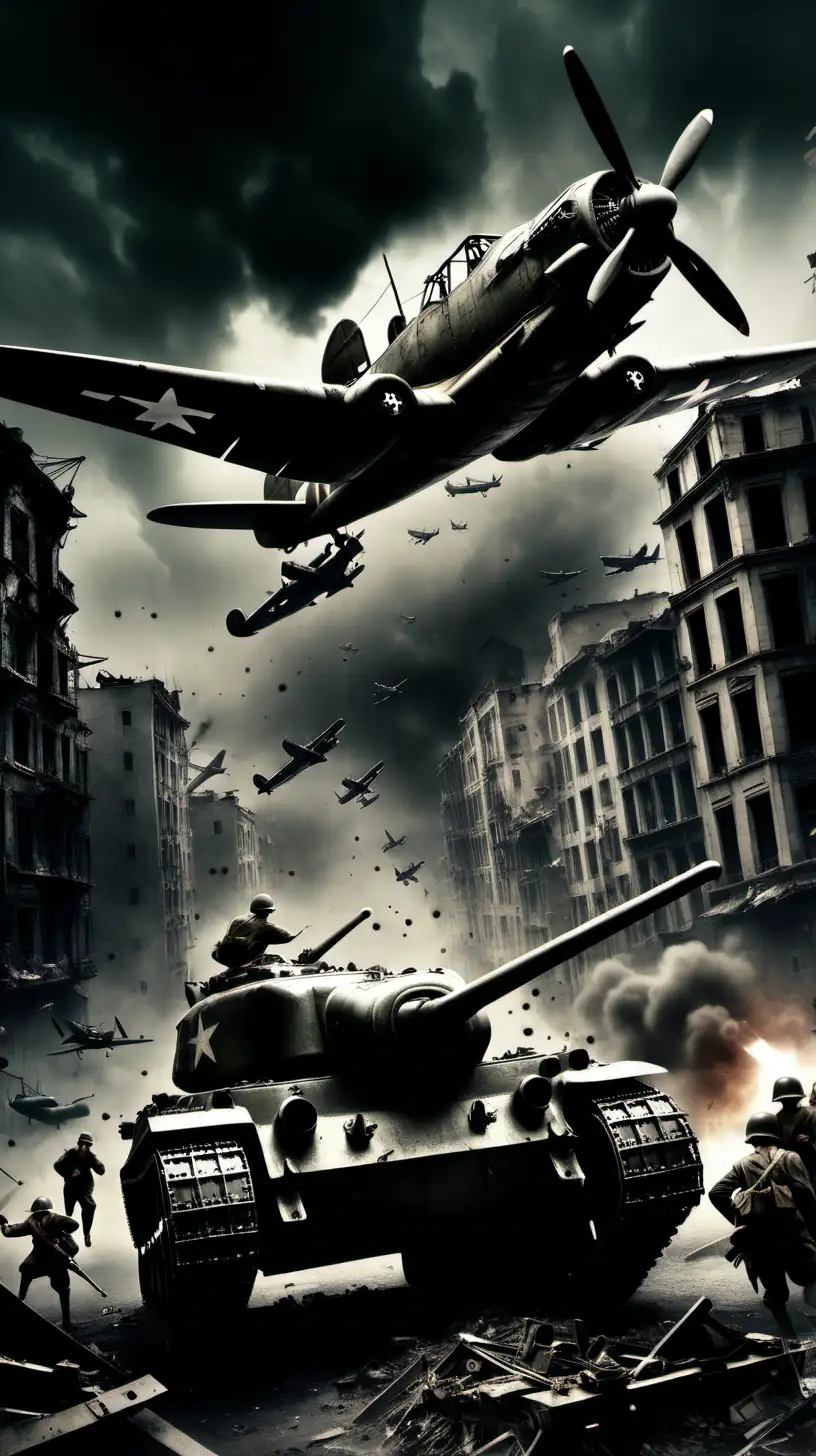 World War 2 Dark City Chaos with Plane Soldiers and Tanks