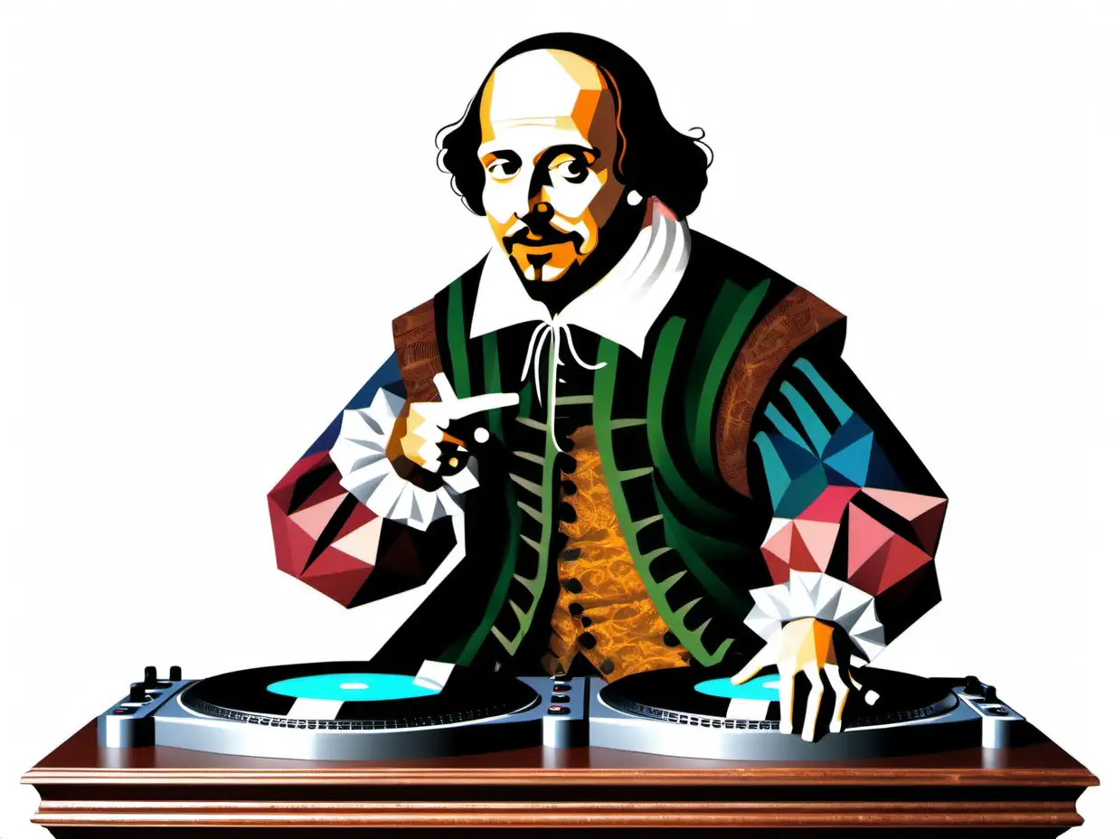 Playful Polygon DJ William Shakespeare Spins Music on White Background