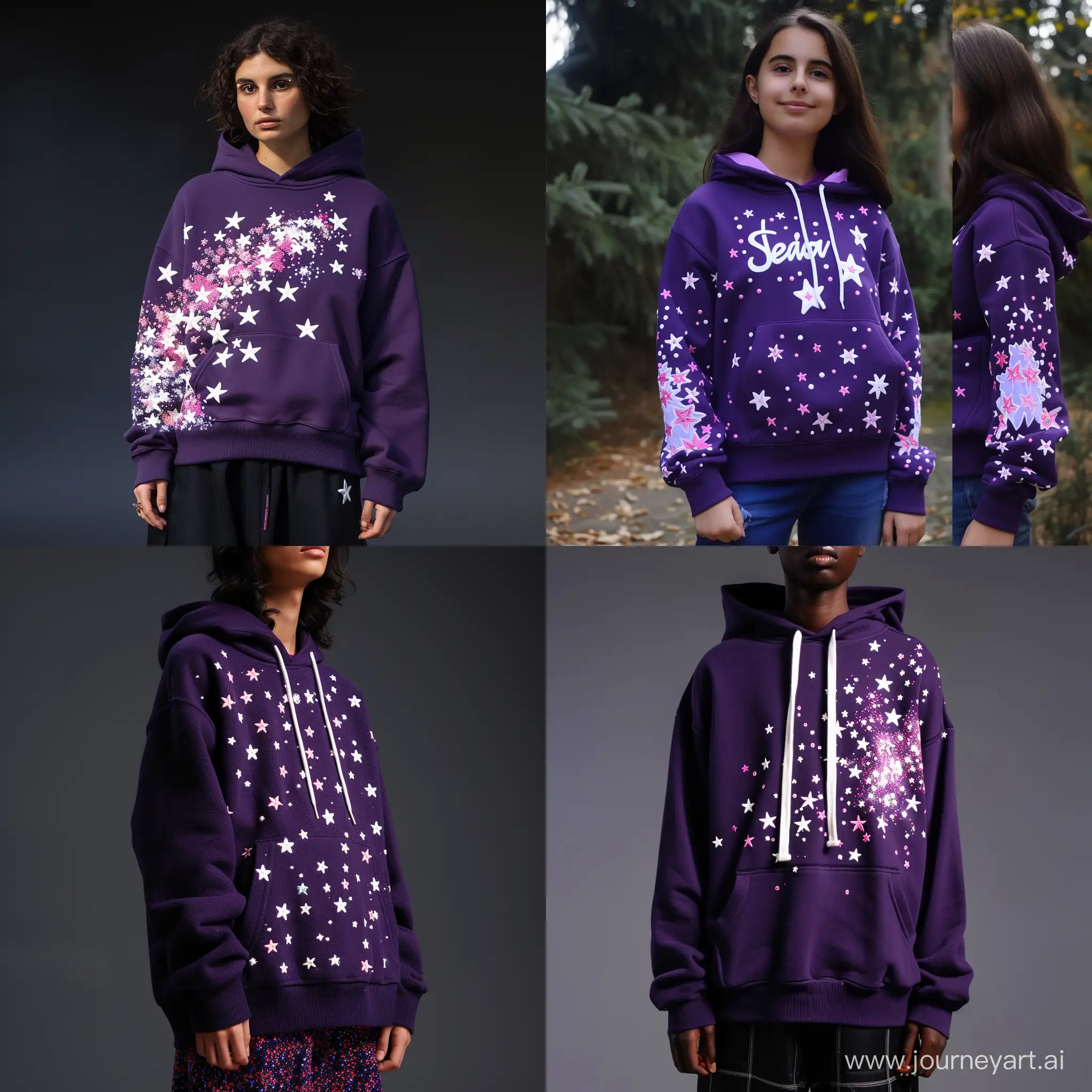 Purple hoodie with white and pink stars and white embroidered lettering, on the model's person