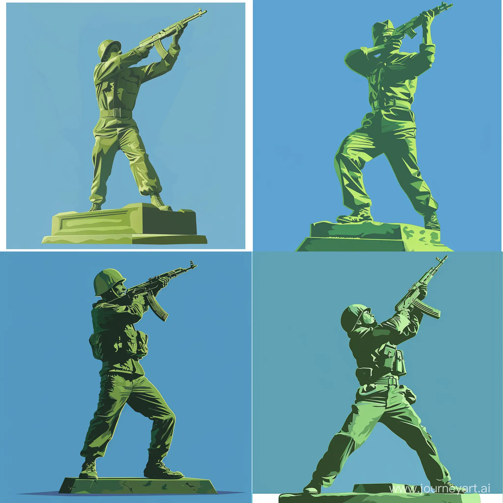 Vector image of a green statue of an Algerian soldier standing in 1954, raising his rifle to shoot, with a blue background