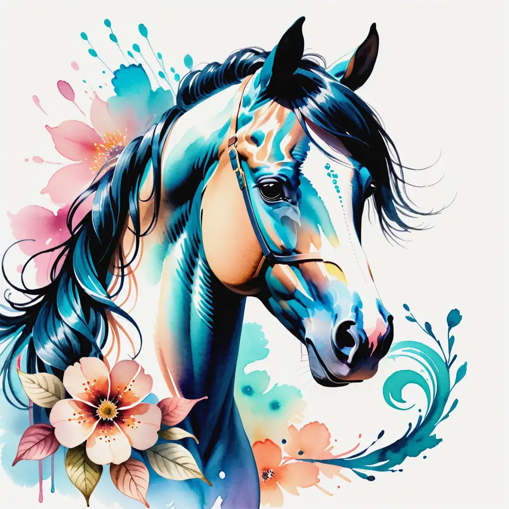 ink art styles of a beautiful horse with a floral pattern skin in watercolors