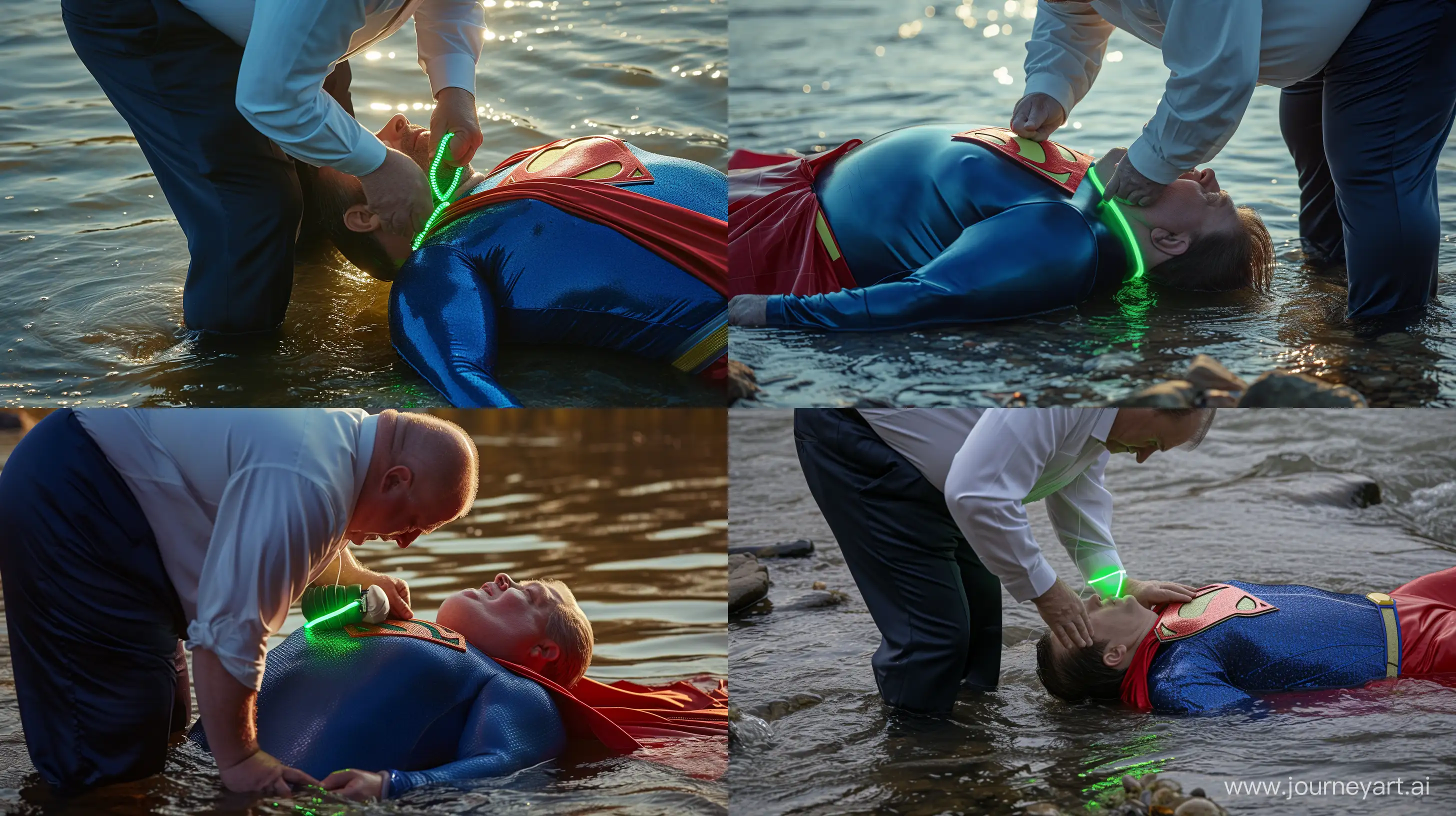 Close-up photo of a fat man aged 60 wearing silk navy business pants and a white shirt. Bending and putting a tight green glowing neon dog collar on the nape of a fat man aged 60 wearing a tight blue 1978 superman costume with a red cape lying in the water. Natural Light. River. --style raw --ar 16:9