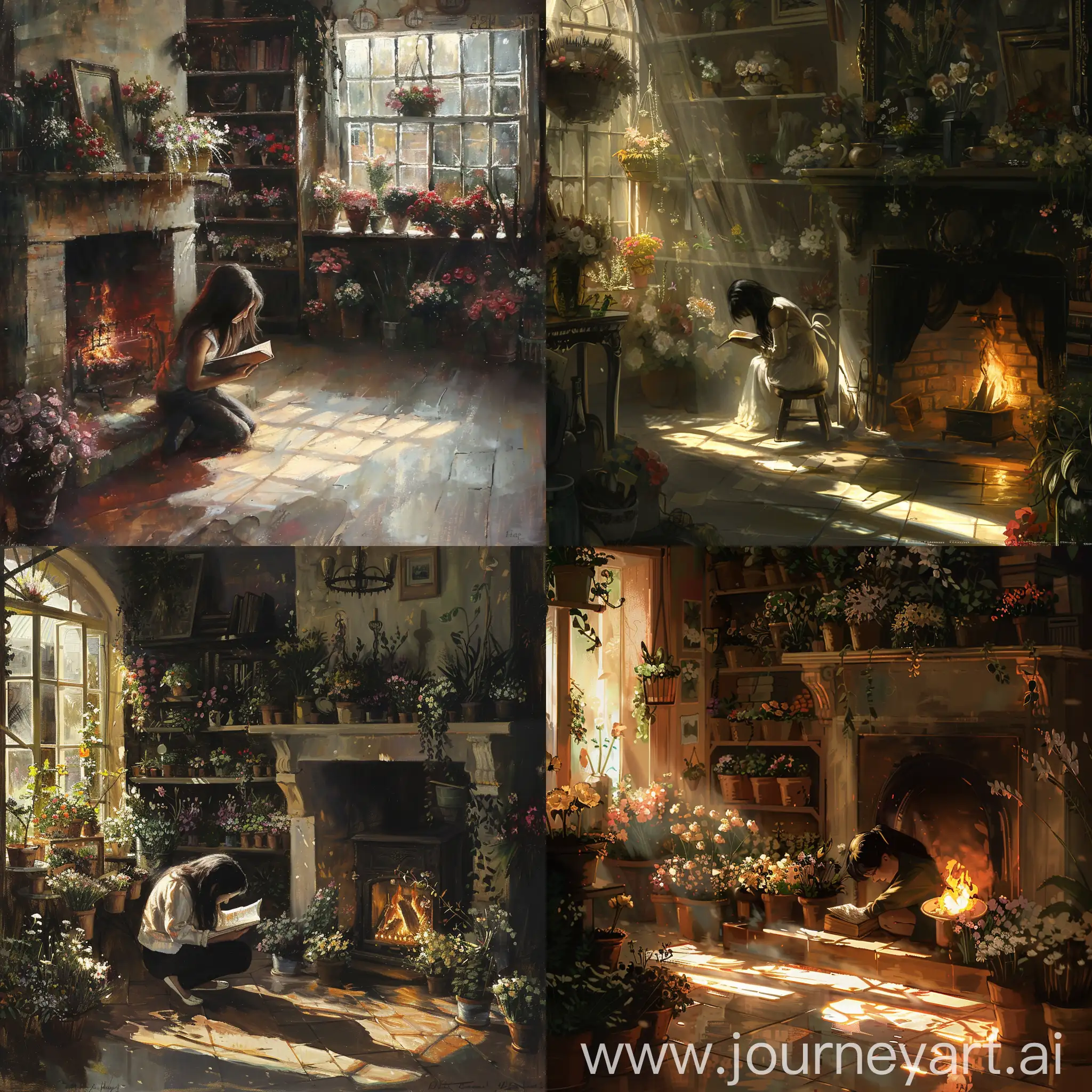 Artistic-Girl-Reading-by-Fireplace-in-Flower-Shop