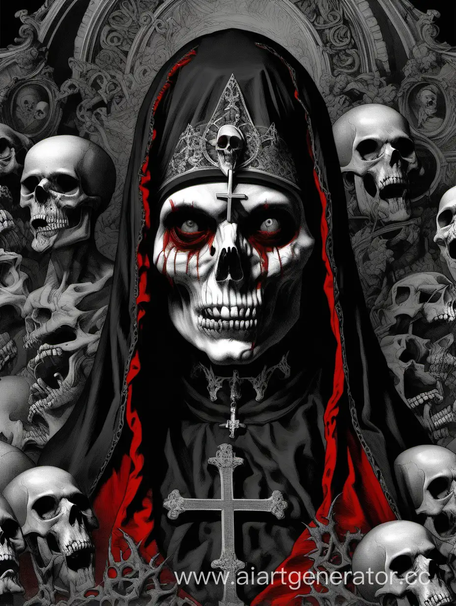 skull nun, crazy skull , assimetrical, Gustave Doré poster, hiperdetailed, black,gray, red