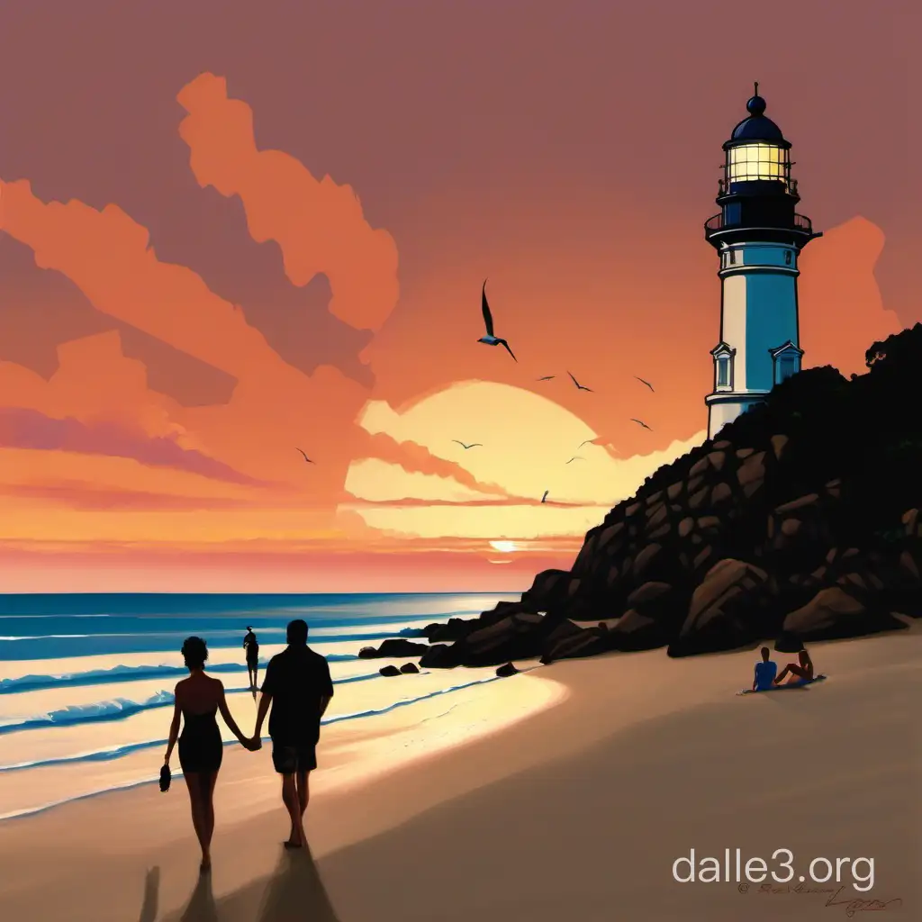 Byron Bay lighthouse at sunset with a couple on the beach in the style of Jack Vettriano