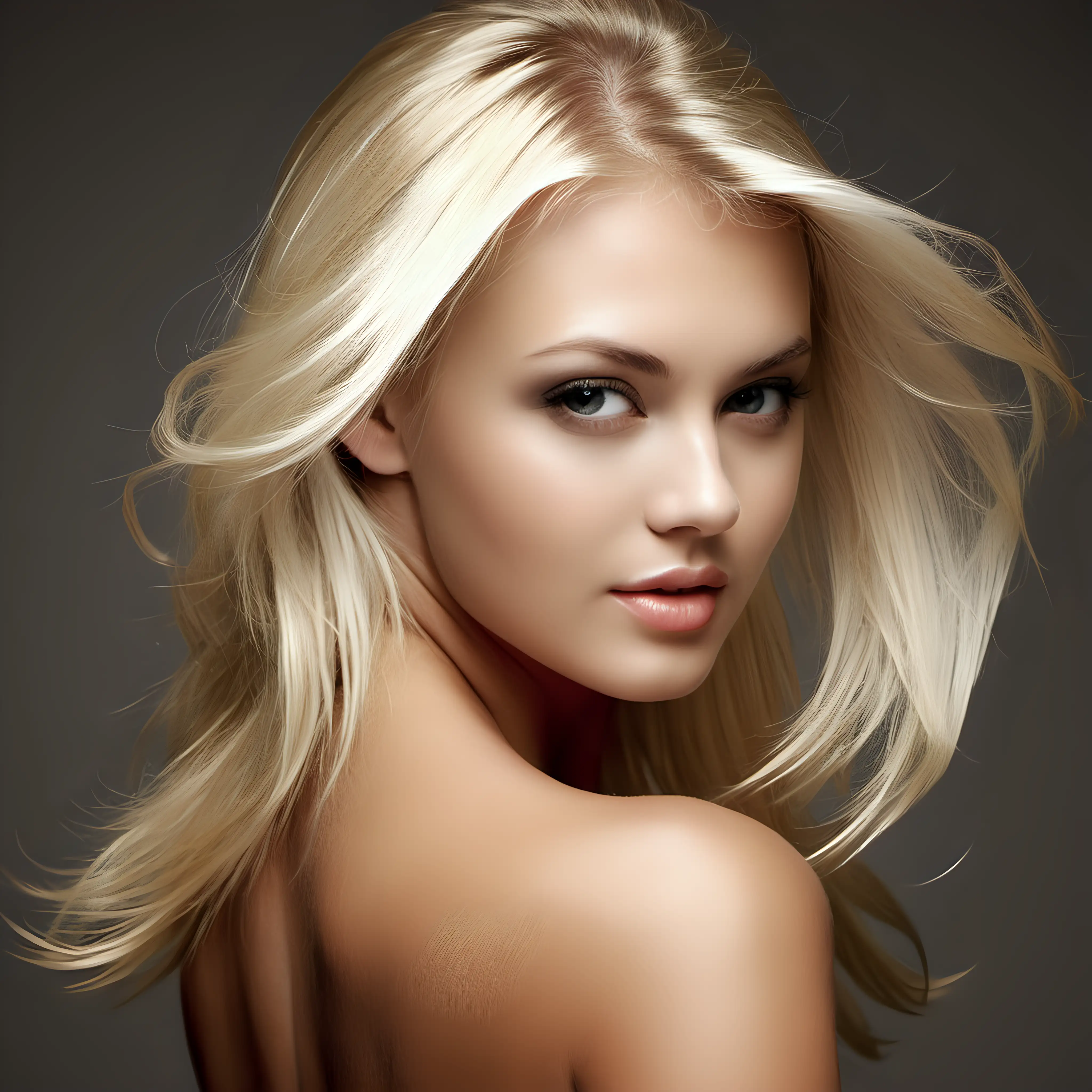 Young female model with braided blonde hair, big green eyes and