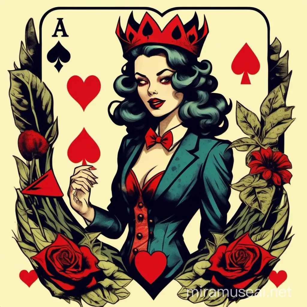 2d retro pin up style, imagine how a playing card has two (top) halfs of a character, but on the top half the card, a woman has a flower crown and nature imagery in the background, and the suit is the ace of heart, but on the bottom half of the card, she has devil horns and there is dark nature imagery, and the suit is the jack of hearts