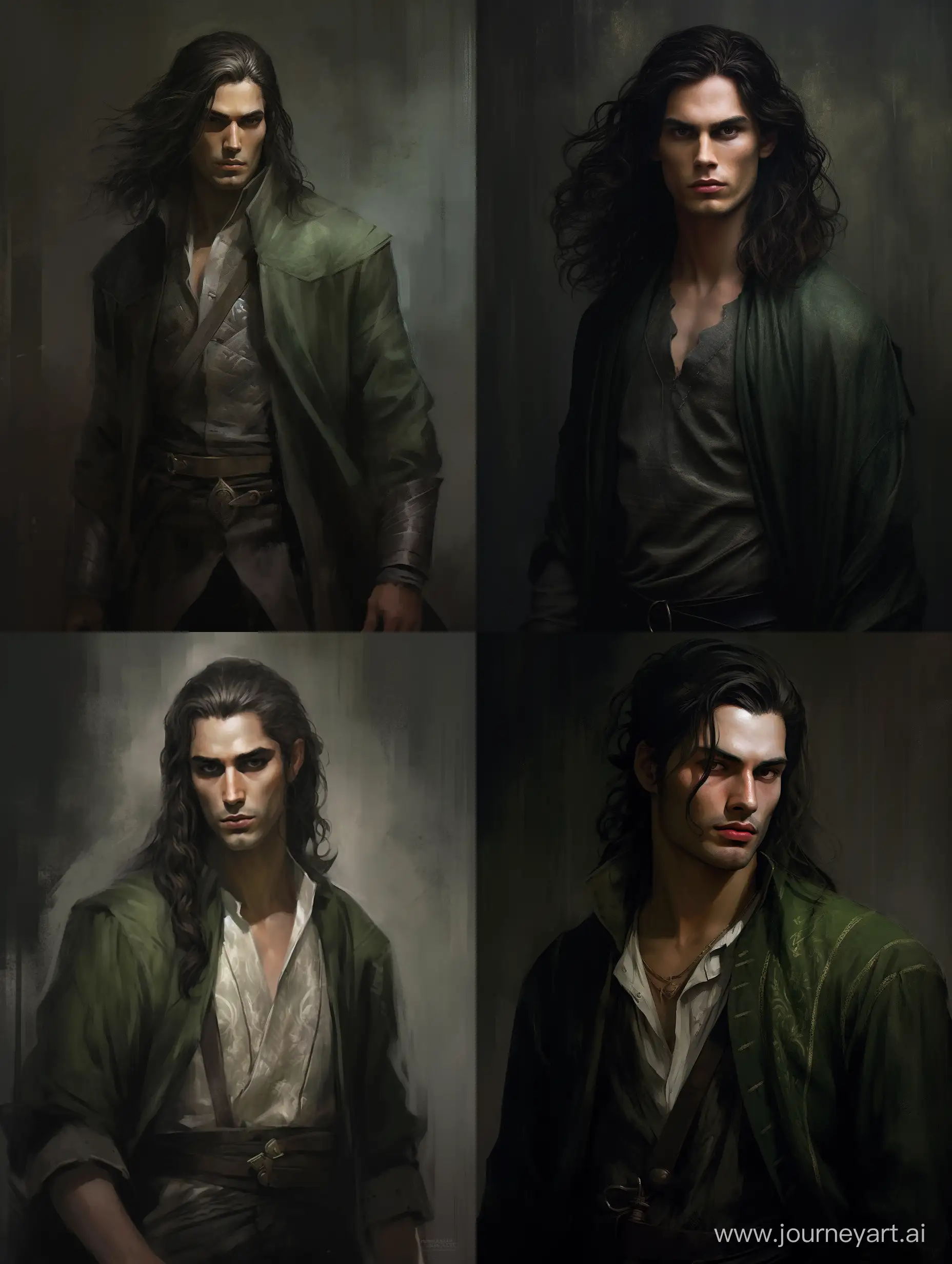 a tall attractive man mage with a minimal light renaissance dress, dark long hair and green and grey intimidating eyes,fully shaved face