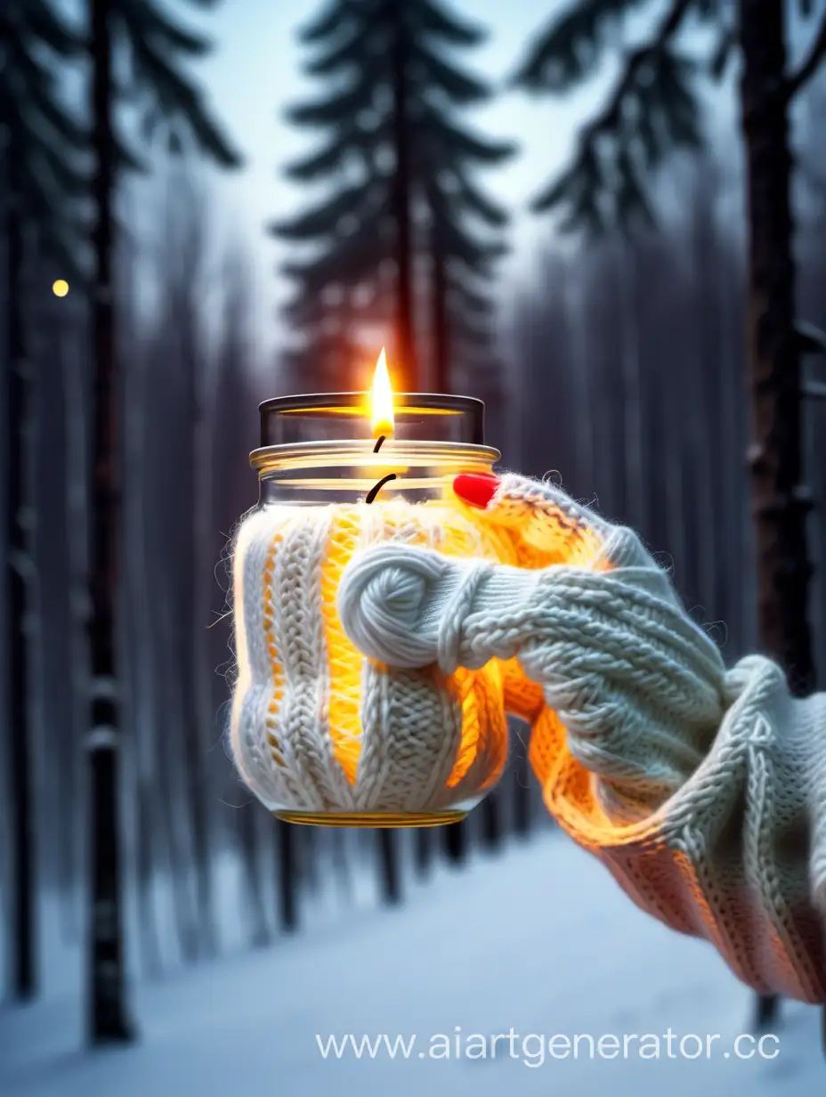 Cozy-Winter-Scene-Hand-in-Knitted-Mitten-Holding-Candle-in-Forest