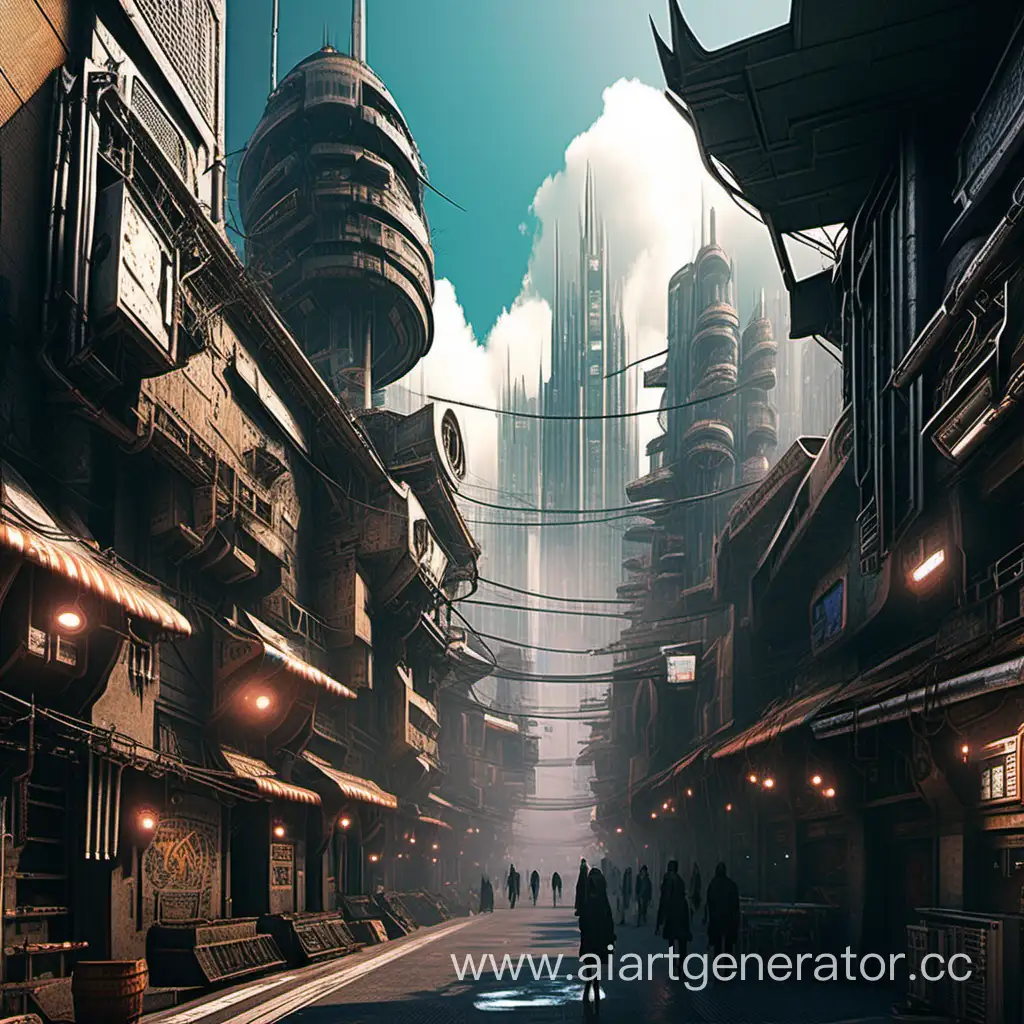 A futuristic place in the sky filled with cyberpunk details, resembling a medieval street
