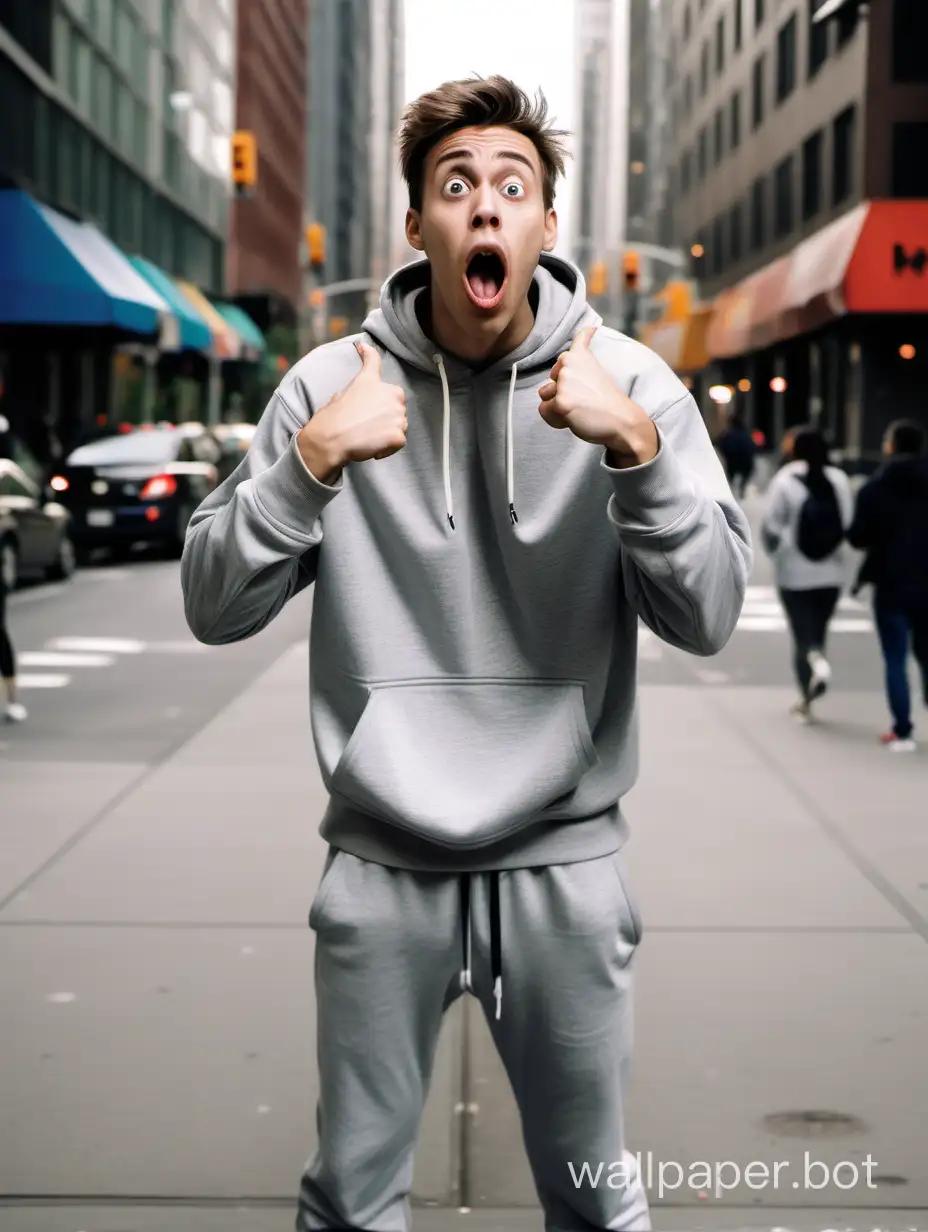 a young man looking idiotic, with his mouth open, dressed in jogging pants, staring intently at his hands with hypertrophied and enormous thumbs. He stands on the sidewalk in a big city, with a mocking atmosphere