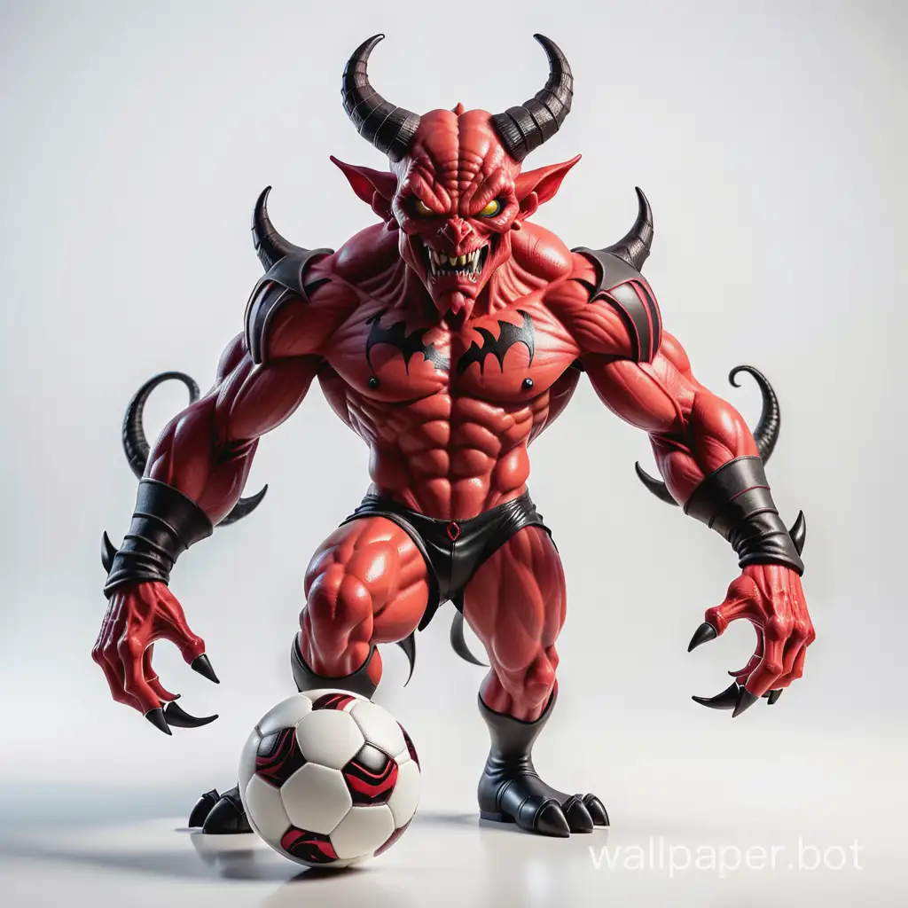 Soccer cool toy evil demon in the form of Milan with a ball full-length white background high detail and realism