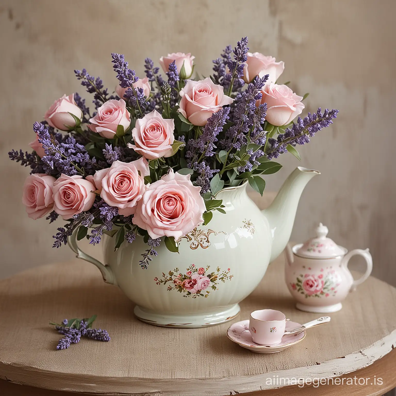 Create an image of a charming centerpiece featuring a small vintage teapot filled with aromatic lavender and soft pink roses. The teapot should appear elegantly aged, with floral or classic patterns enhancing its vintage look. This arrangement should evoke an English garden feel, blending the rustic texture of lavender with the romantic blooms of roses in a harmonious display. The setting should be simple, focusing on the natural beauty and vintage elegance of the centerpiece.
