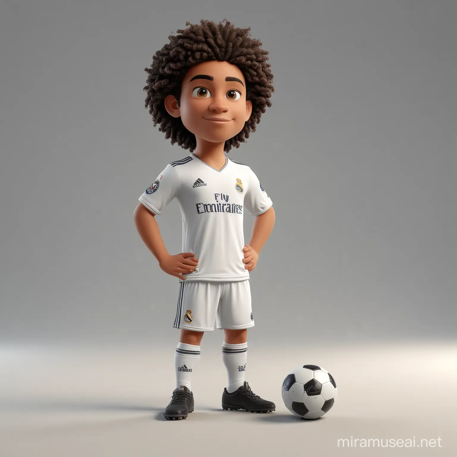 a 3d rendered cute soccer player who looks like marcelo, standing pose, real madrid kit, cartoon style