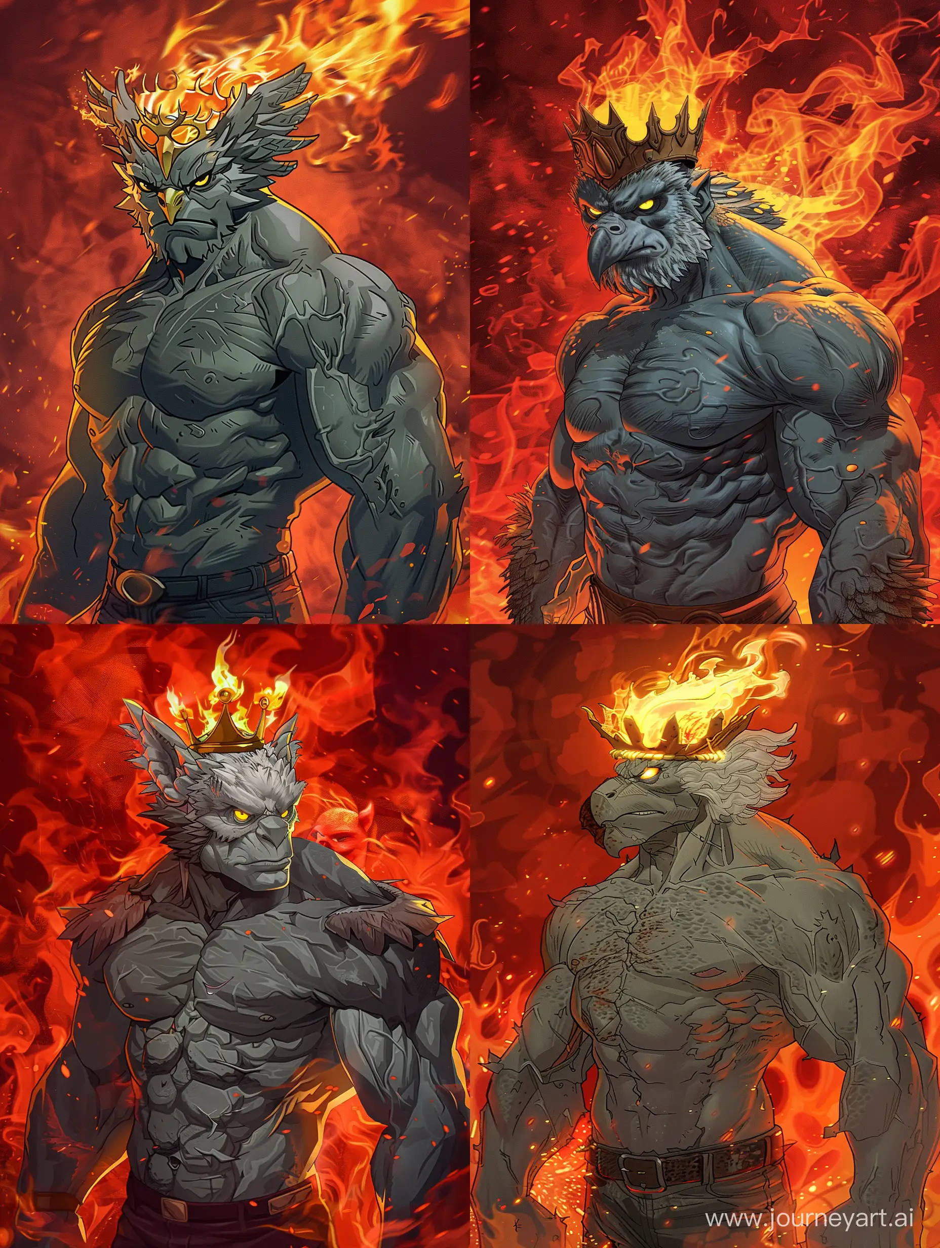digital drawing of a man with a strong body like the hulk with grey skin, harpy eagle head with bright yellow eyes, a crown of fire like hellboys over his head, and a red firey background as if he was in hell