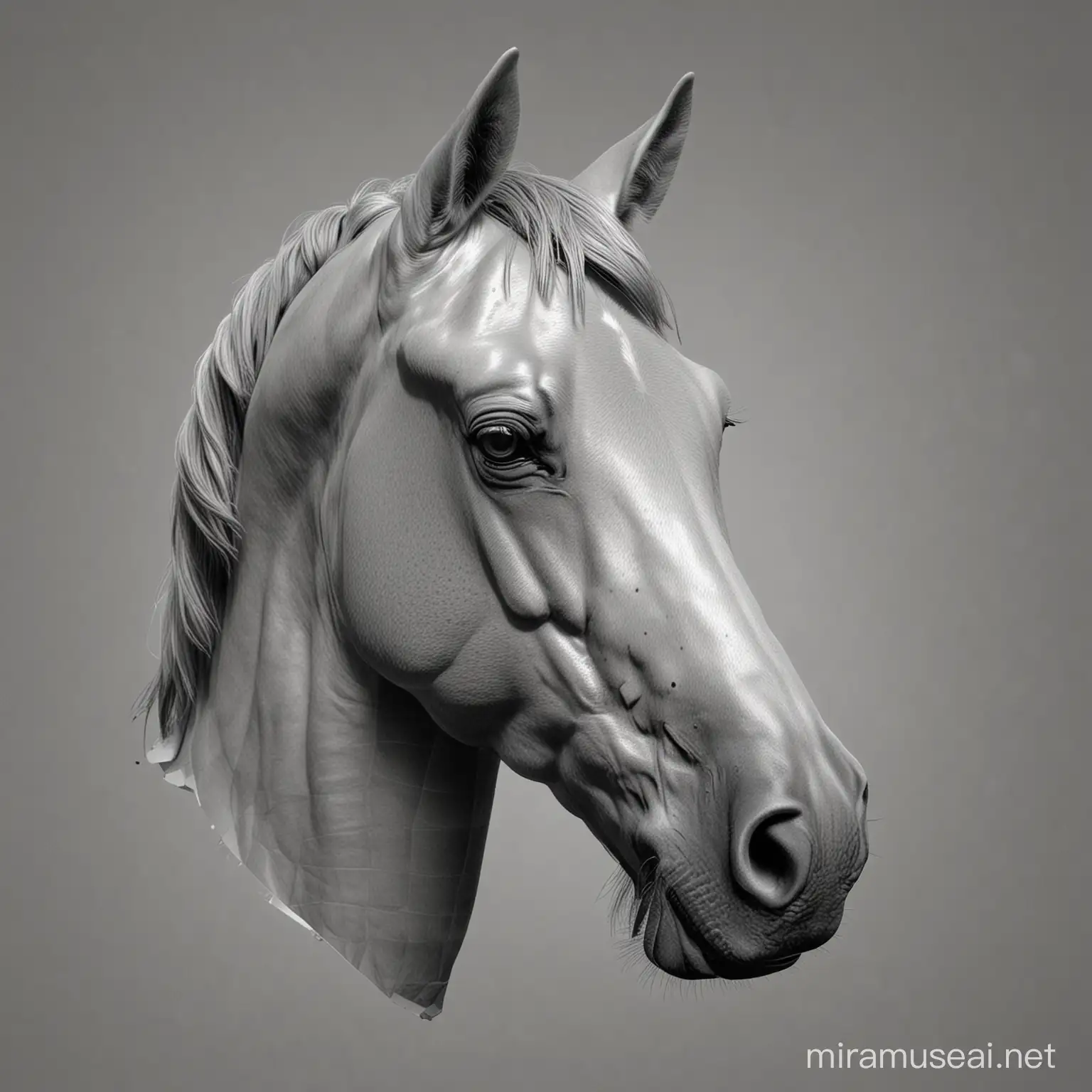 horse head depth map with light grey being the closer the the camera and black for the far from it. no shadows


