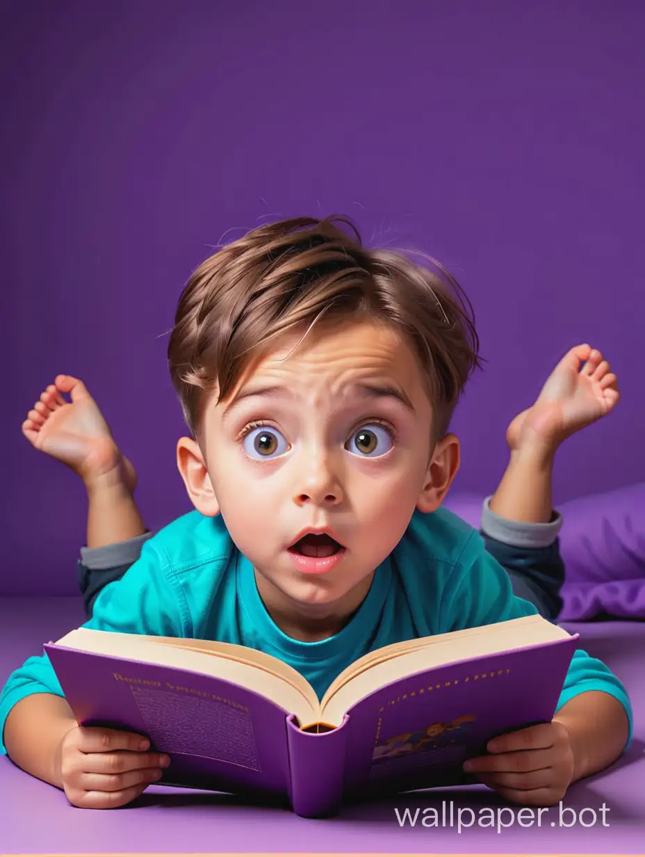 The boy is lying on his stomach reading a book, he is surprised, purple background