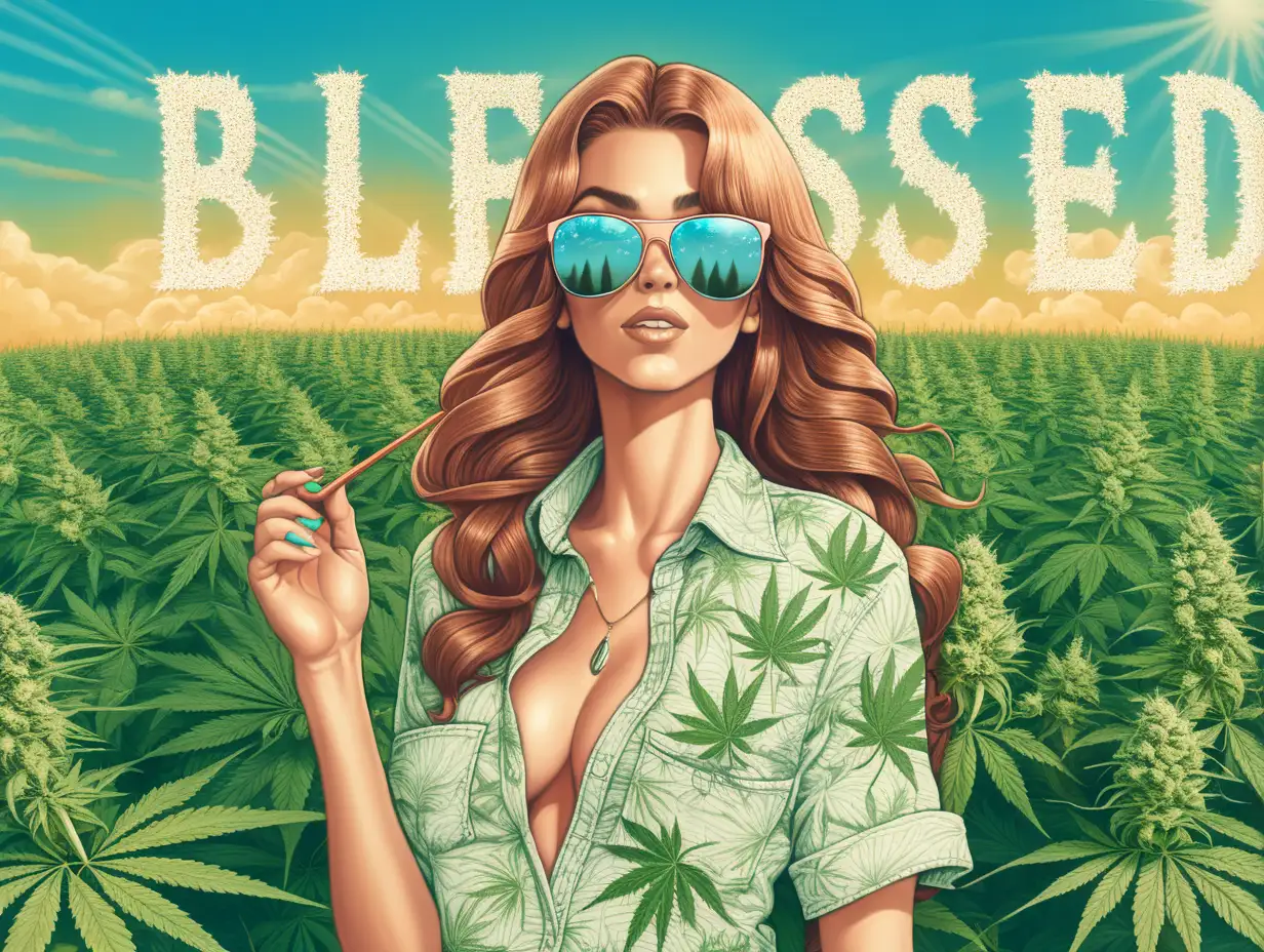 Sexy Woman standing in a field of cannabis with sunglasses on and the word blessed written in the bright sky 



