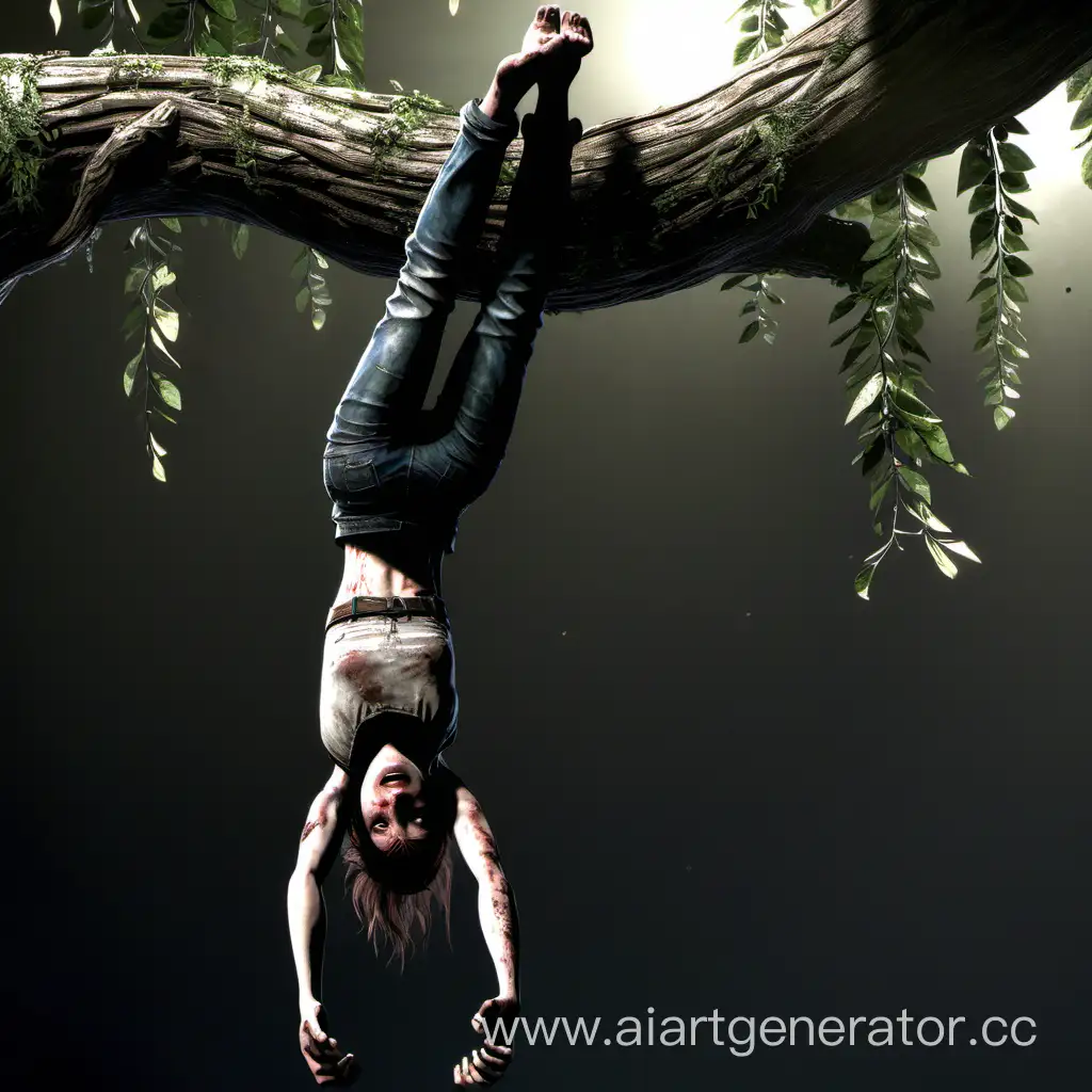 ellie from the last of us hanging upside down from a tree limb