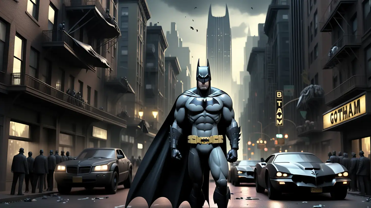 Generate an AI scene with Batman, portraying a background cityscape filled with people in a tense atmosphere. Capture the urban landscape, dimly lit streets, and the palpable tension in the air, showcasing the iconic setting of Gotham in a cinematic style.