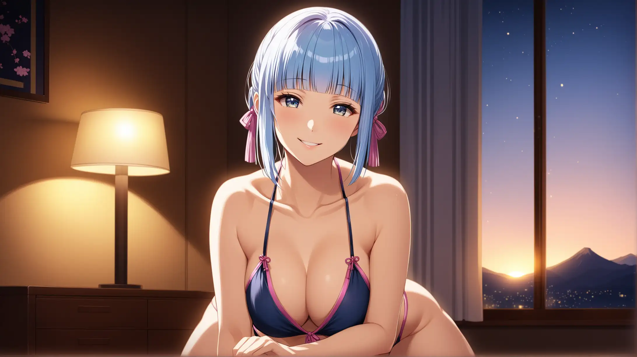 Draw the character Ayaka Kamisato, high quality, ambient lighting, long shot, indoors, seductive pose, wearing a revealing outfit, smiling at the viewer
