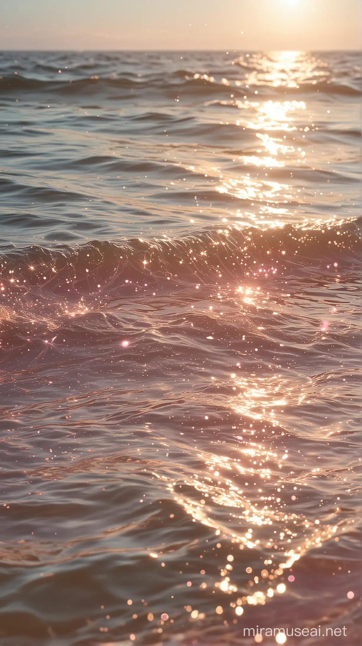 an image with sparkles on the sea, in the style of whimsical and dreamlike, light gold and pink, hyper-realistic water, stimwave, fairycore, blurry details, blink-and-you-miss-it detail