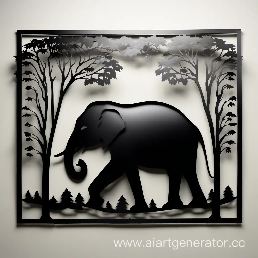 металлическое панно на стену, черное, из тонкого листового металла в виде слона в деревьях на светлом фоне, средних размеров в рамке, панно не выходит за рамки
