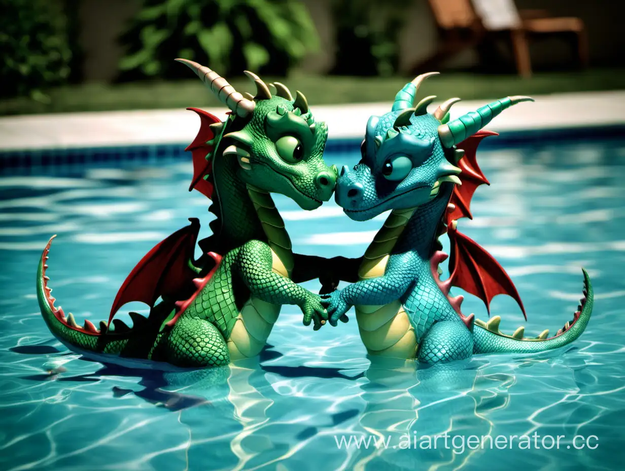 Два дракона обнимаются в бассейне 