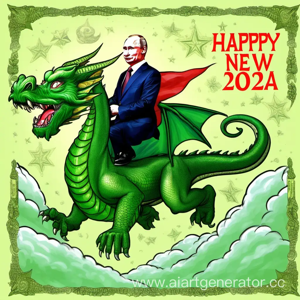 Путин летит на зелёном драконе. Надпись "С Новым годом 2024!"