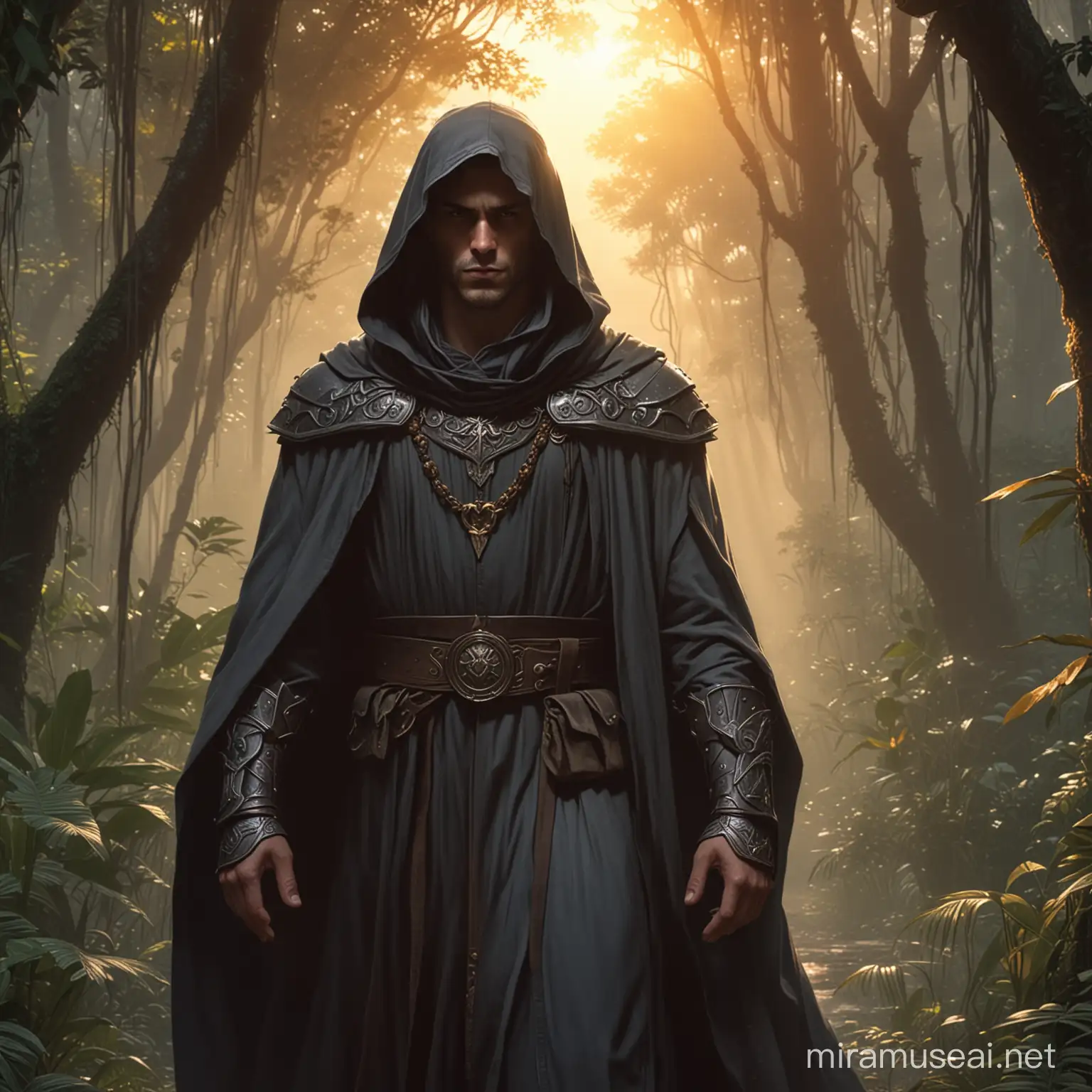 male twilight cleric simple long flowing dark gray robes face hidden under a hood sun setting in jungle in background