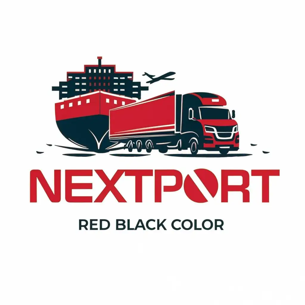 logo, CARGOSHIP, FLIGHT AND TRUCK, with the text "NEXTPORT RED AND BLACK COLOUR", waves in blue color
