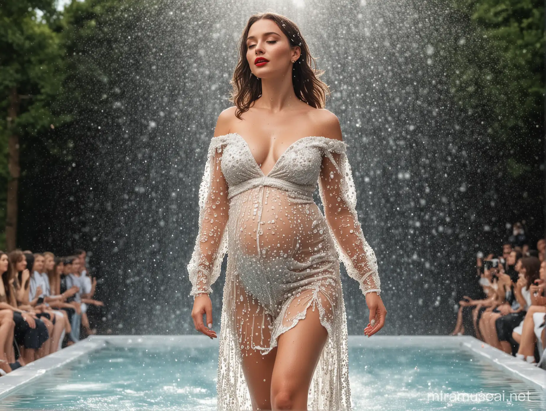 Full body shot of a woman in stunning haute couture, summer daytime, woman is pregnant,
lipstick, water drops on the face, photography on the stage of a fashion event