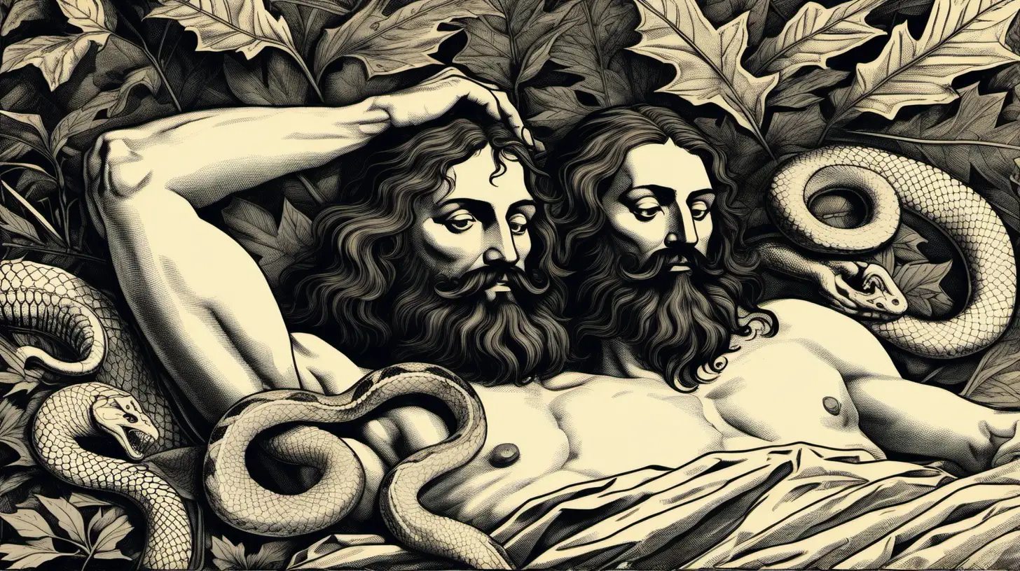 A close-up view of a 16th century Spanish man with long black hair and a long black beard. He is dead and shirtless laying on a bed of leaves and surrounded by a snake. In the engraving style of Theodore the Bry. Duotone