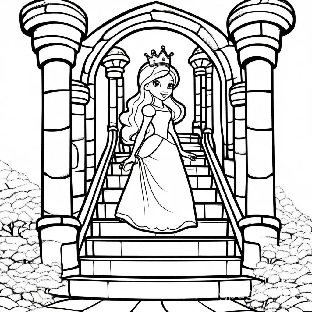 Princess Climbing Castle Stairs, Coloring Page, black and white, line art, white background, Simplicity, Ample White Space. The background of the coloring page is plain white to make it easy for young children to color within the lines. The outlines of all the subjects are easy to distinguish, making it simple for kids to color without too much difficulty