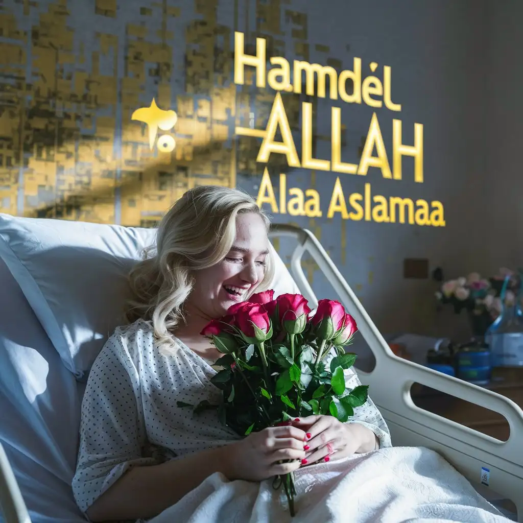 The word 'HAMDEL ALLAH ALAA ASLAMAA ' is in the background in a brilliant, bright golden color on a purple wall. In the front is a blonde woman lying on a hospital bed with a bouquet of beautiful roses in her hand, inhaling their scent and laughing.