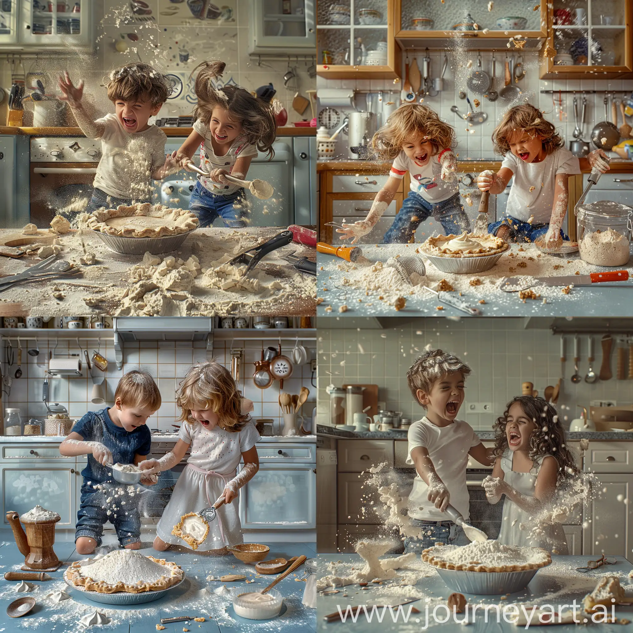 Мальчик и девочка веселятся и пытаются на кухне сделать пирог и всю кухню и самих себя обсыпали мукой, а также уронили крем для пирога и разные кухонные принадлежности на пол, фотография, гиперреализм, высокое разрешение