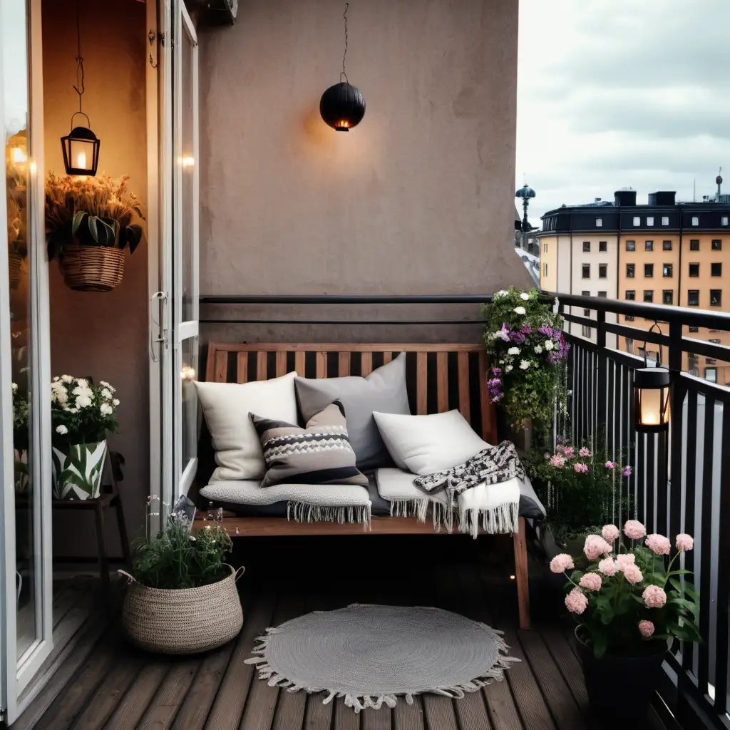 Mysig balkong i stockholm, med ljuslyktor, trä möbler och blommor och växter, mysiga filtar och kuddar 