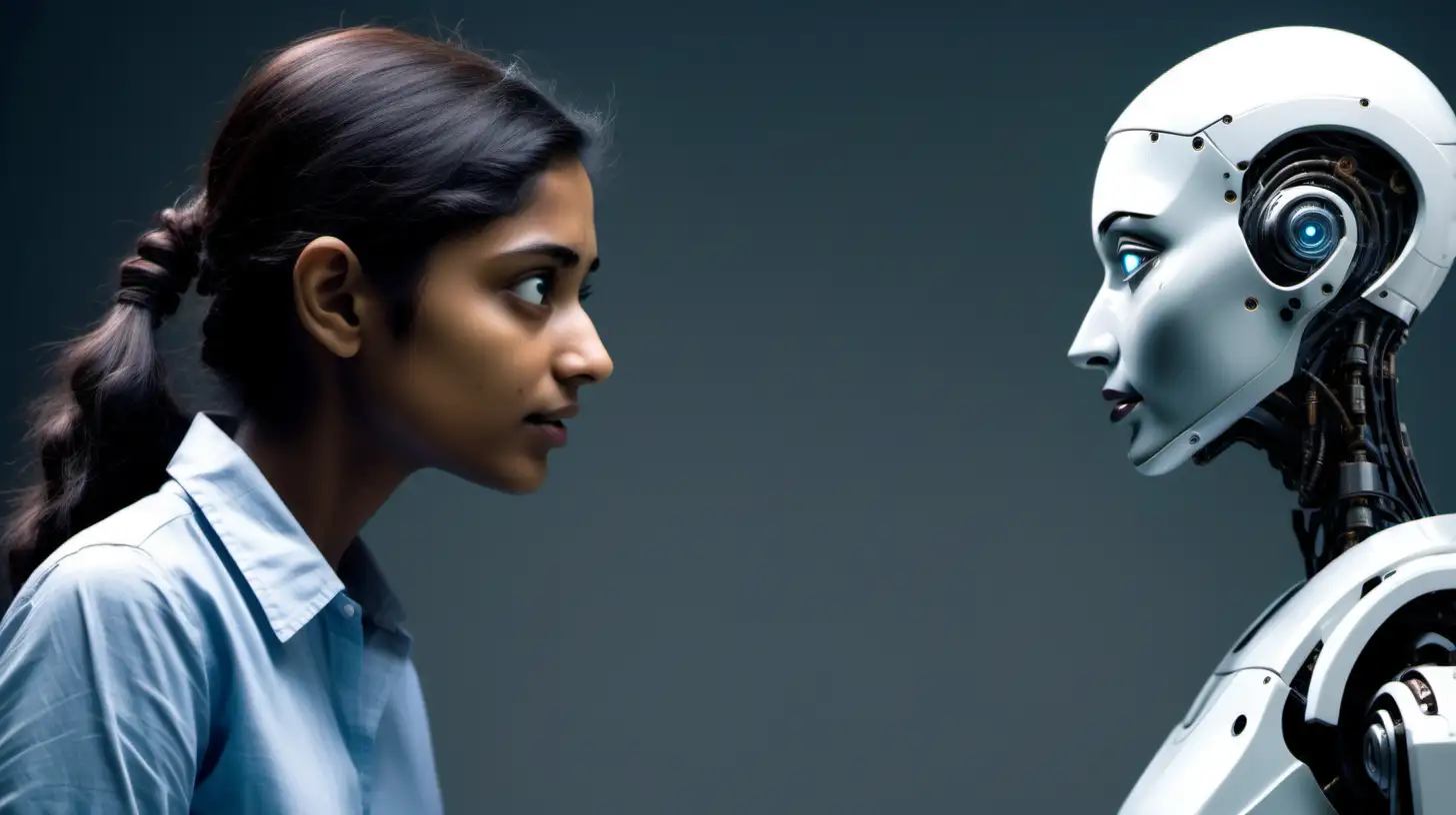 Young human female Indian scientist confronts  a Humanoid  robot with a face  that looks like  hers in a uncanny valley way
