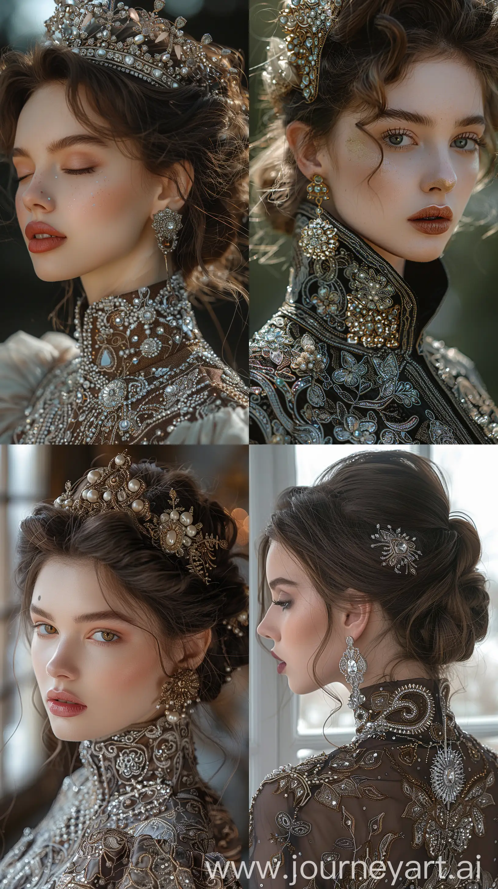 Closeup cosmetology costume by arfya kanevsky, in the style of dark brown and silver, high renaissance style, qajar art, dynamic outdoor shots, maximalist, byzantine-inspired, alla prima --s 500 --ar 9:16