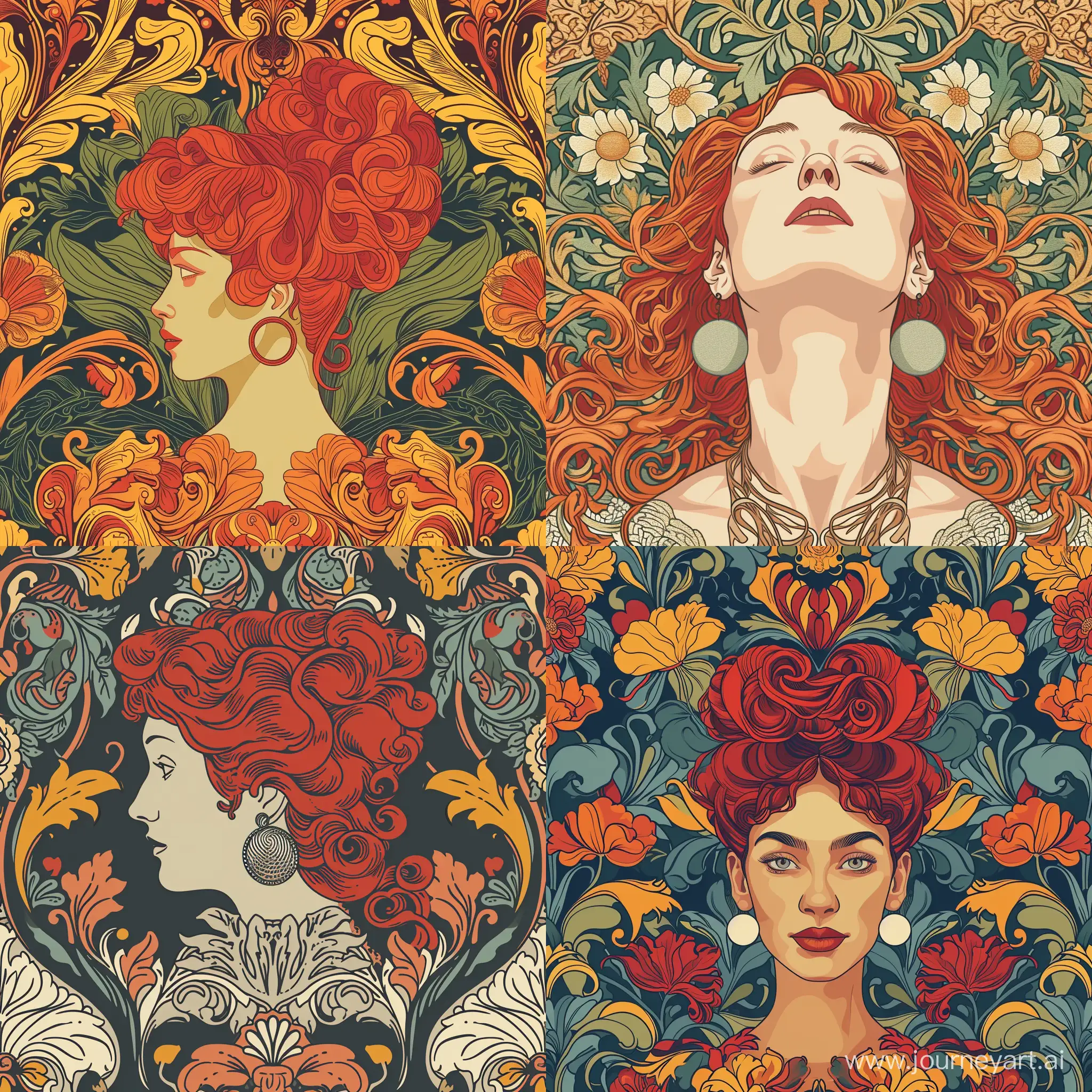 a pattern inspired by William Morris, Alphonse Mucha and Gustav Klimt using vivid colours. There should be a woman with red hair and wearing round earrings in the picture