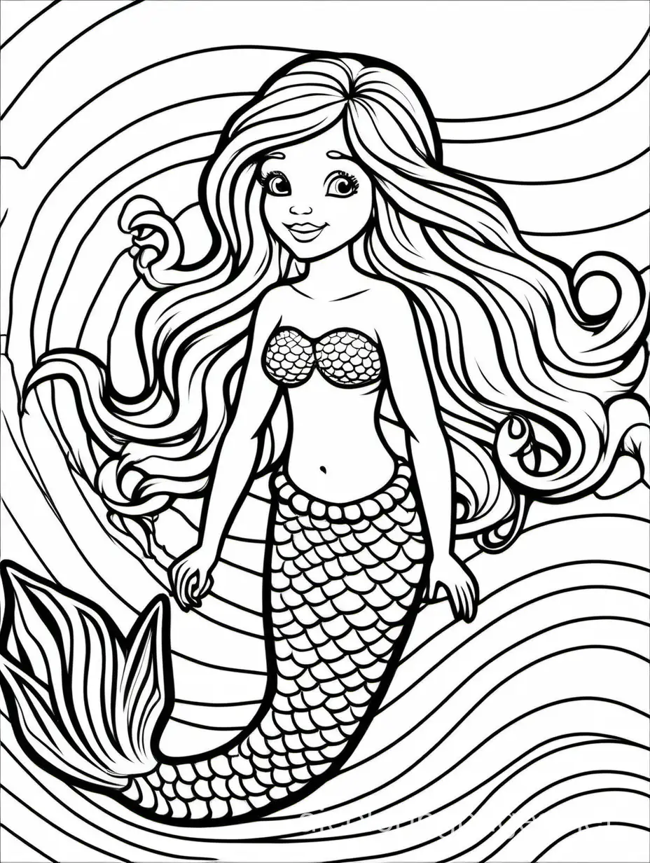 mermaid  for kids, Coloring Page, black and white, line art, white background, Simplicity, Ample White Space. The background of the coloring page is plain white to make it easy for young children to color within the lines. The outlines of all the subjects are easy to distinguish, making it simple for kids to color without too much difficulty
