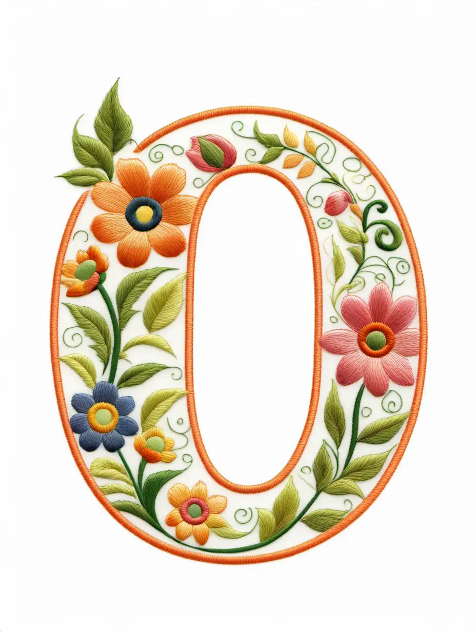 lower case letter (O) in embroidered flower style with clear white background