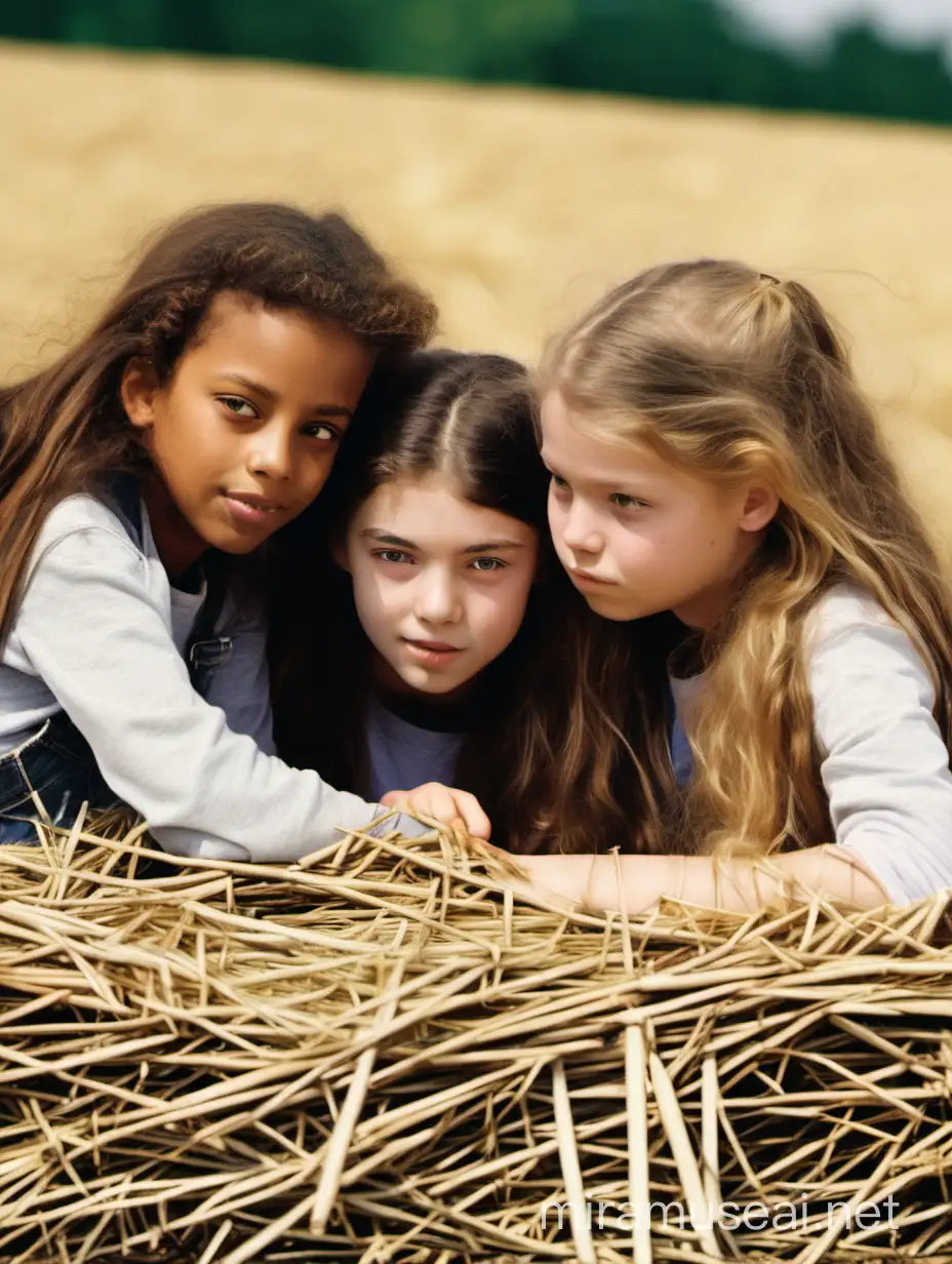 3 girls are huddled together in the straw, the middle girl is 15, the one sitting next to her is 11 and the other is 16