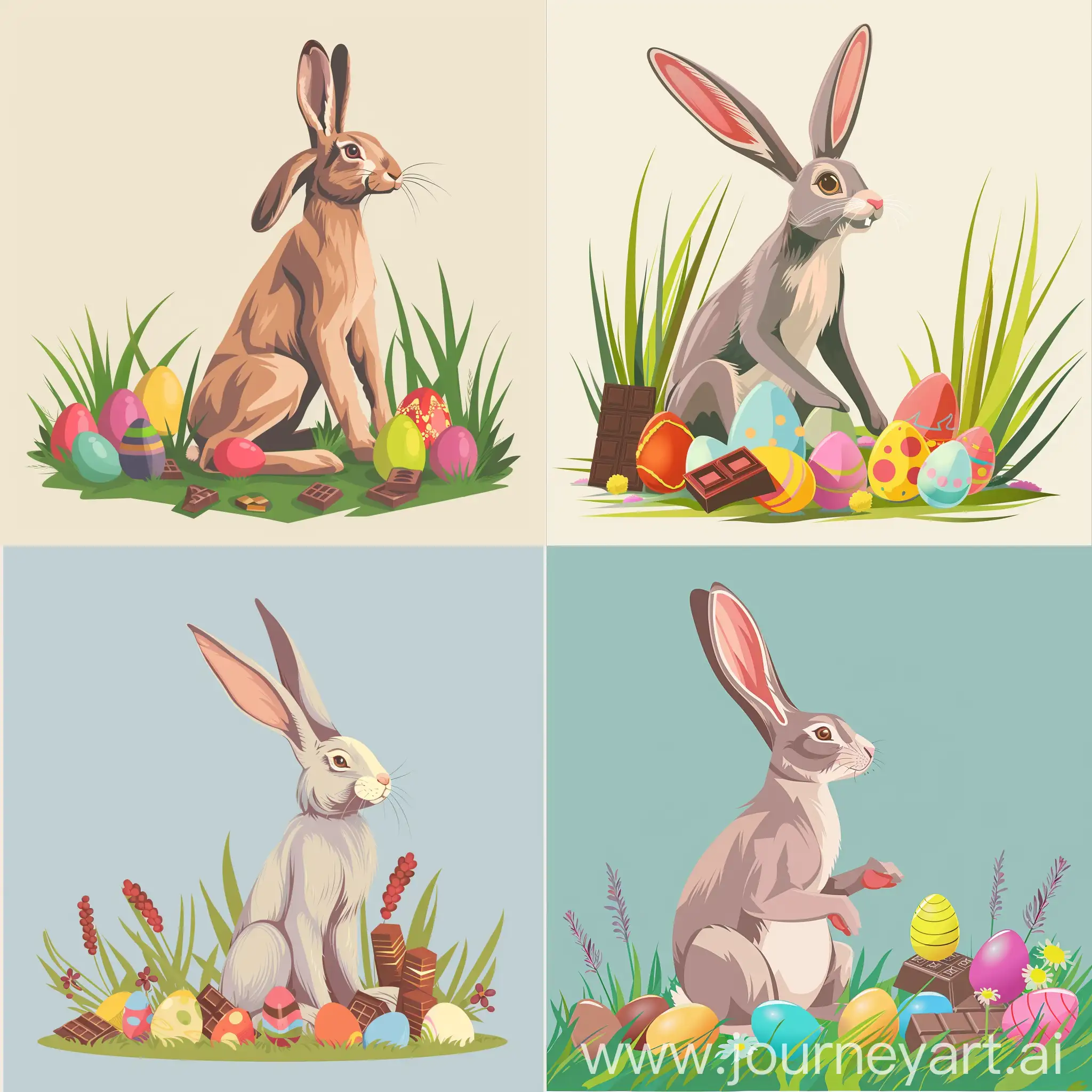 The Easter bunny is sitting on its hind legs in the grass, it has a slender body, long ears. Next to him are colorful eggs and chocolates.r, in high quality flat style