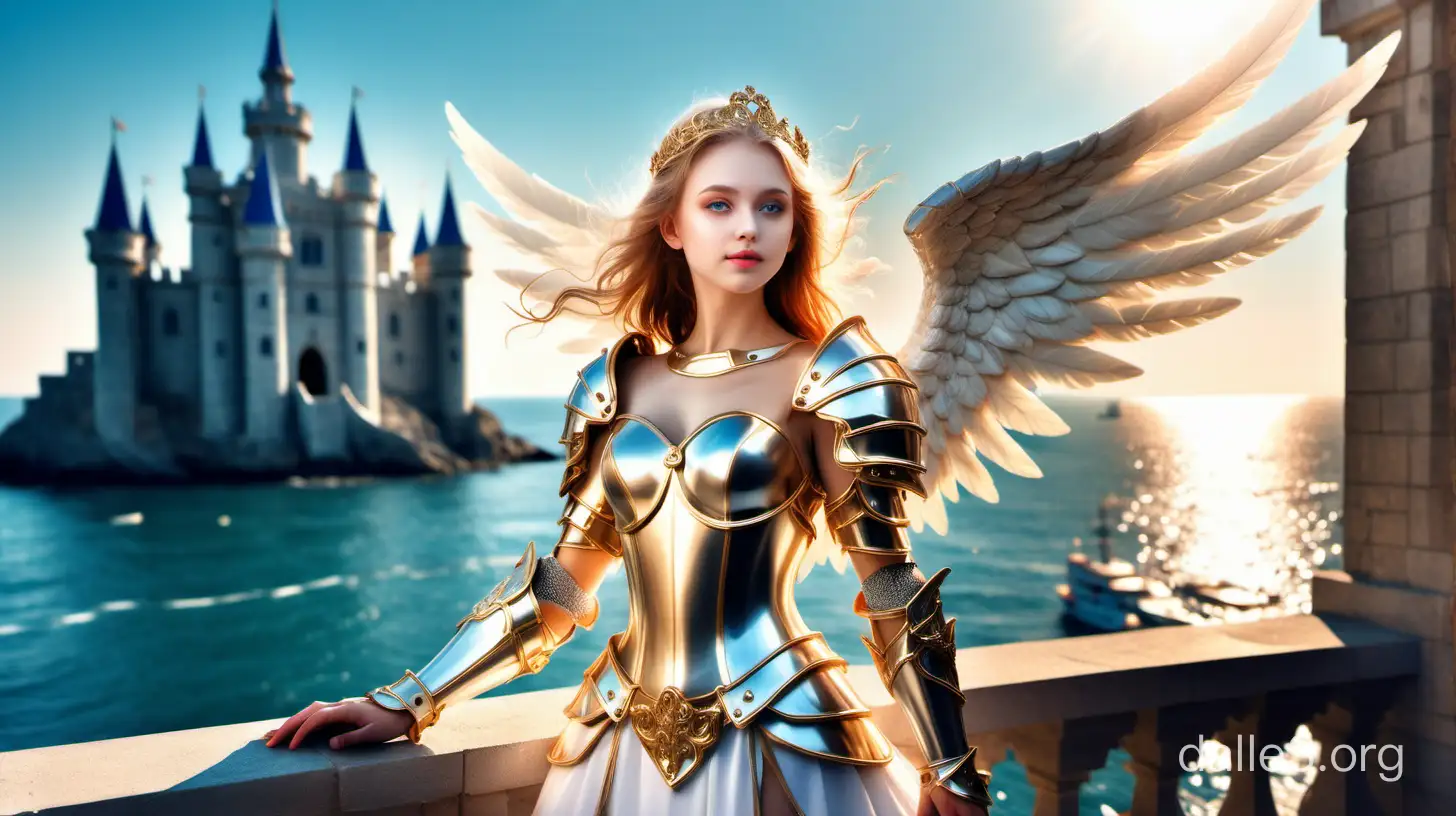Beautiful angel girl in sparkling armor, in a castle against the backdrop of the sea, sun, and ships